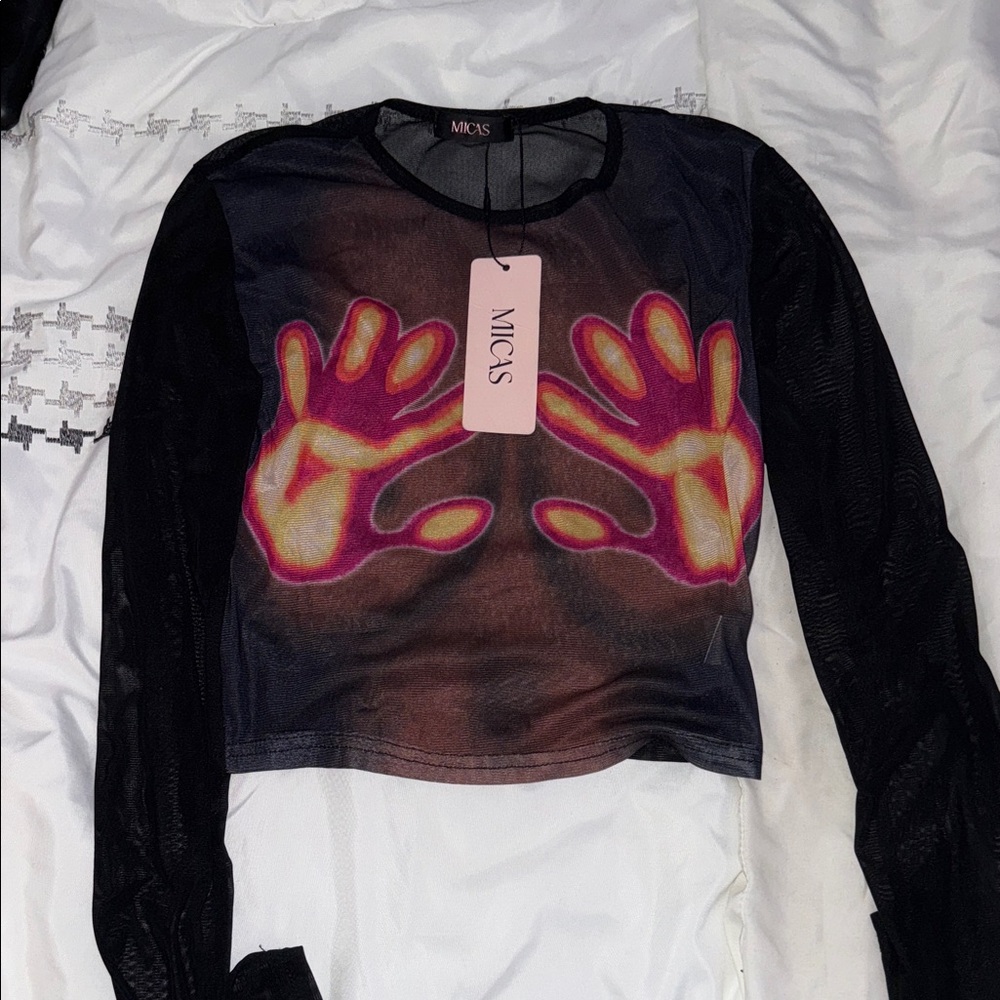 MICAS Black Mesh Long-Sleeve Crop Top with Heat-Map Hand Graphic